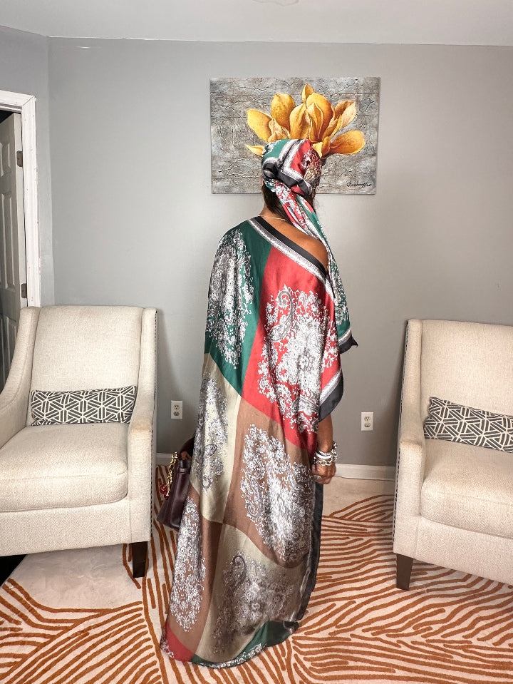 Vacation Vibes Kaftan Maxi Dress with Matching Scarf  -  Burgundy Emerald Chocolate Champagne Blend