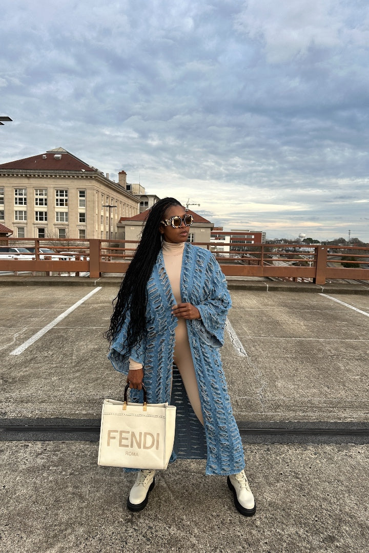 RESTOCKED Denim Distressed Cut Out Open Front Long Cardigan