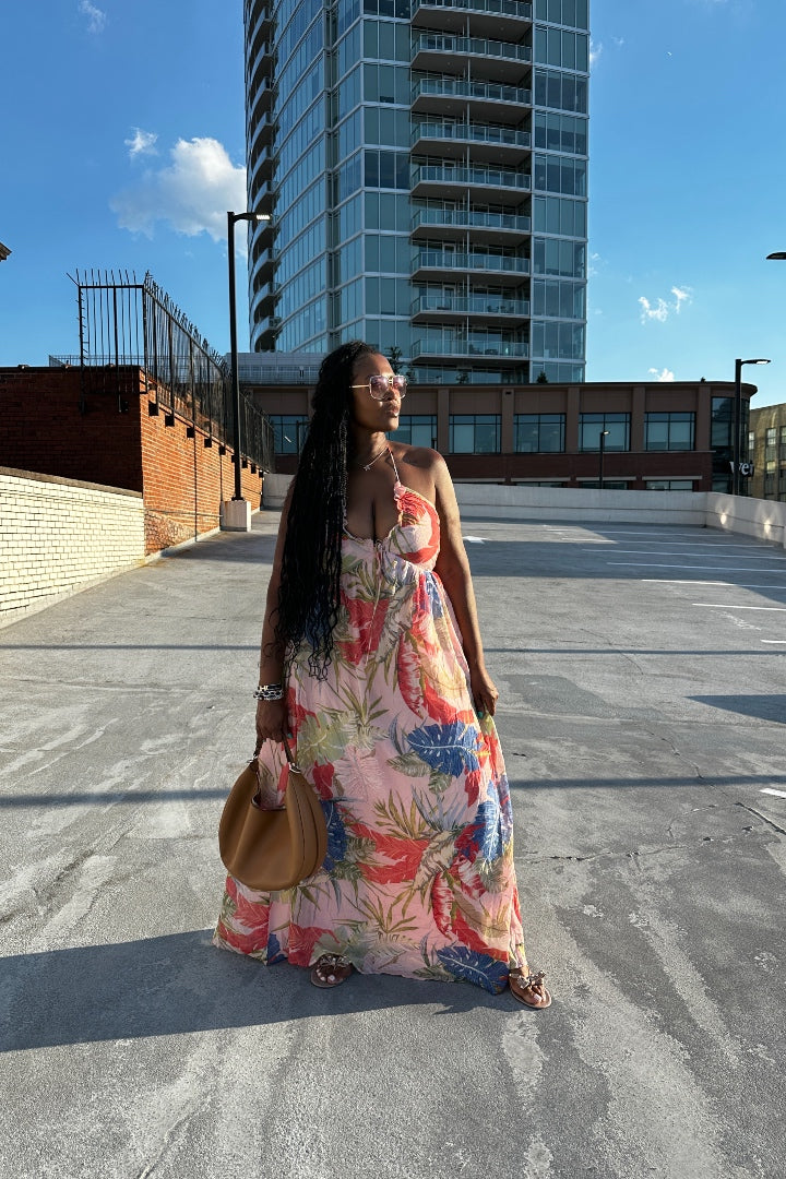 Pink Floral Maxi Dress - Pink Blue Red Blend