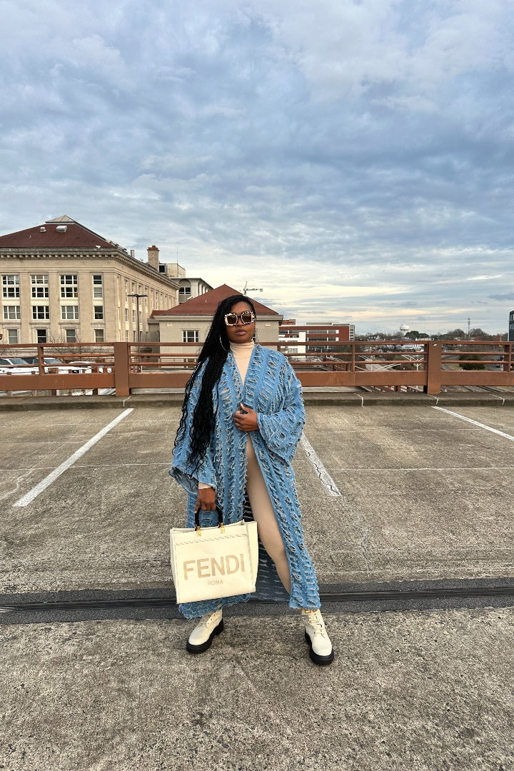 RESTOCKED Denim Distressed Cut Out Open Front Long Cardigan