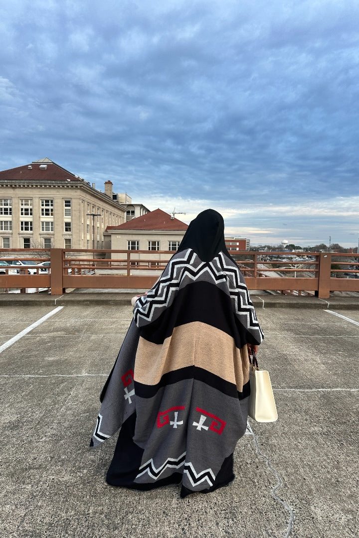 RESTOCKED Hooded Winter Open Front Poncho - Chevron Sleeve Black Taupe Tan Red Blend Ships 2/26
