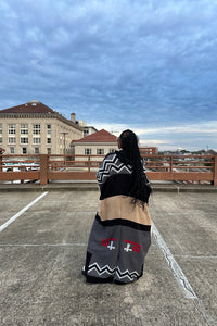 RESTOCKED Hooded Winter Open Front Poncho - Chevron Sleeve Black Taupe Tan Red Blend Ships 2/26