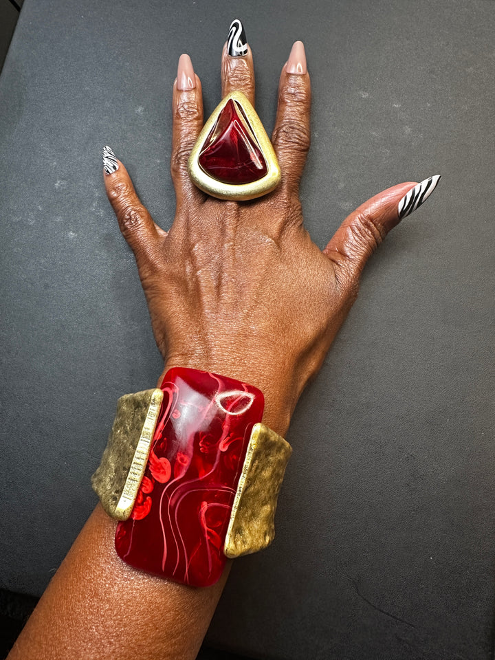 Wide Bold Sculpted Hinged Bangle Square Bracelet - Burgundy