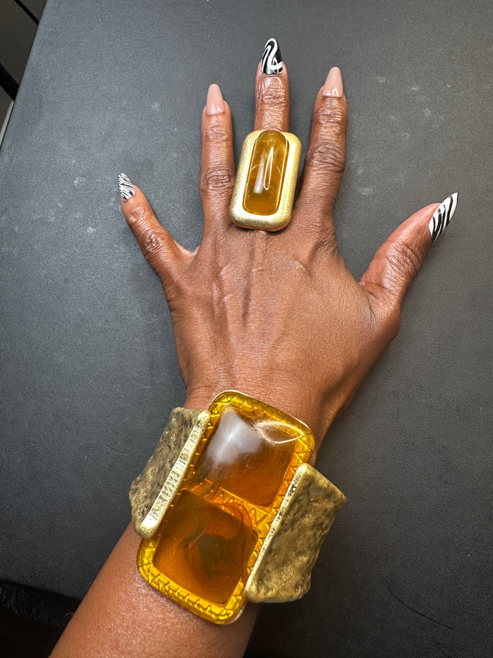 Wide Bold Sculpted Hinged Bangle Square Bracelet - Amber Topaz