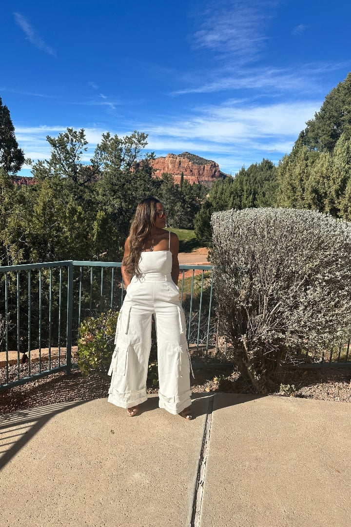 White Denim Cargo Jumpsuit with removable straps
