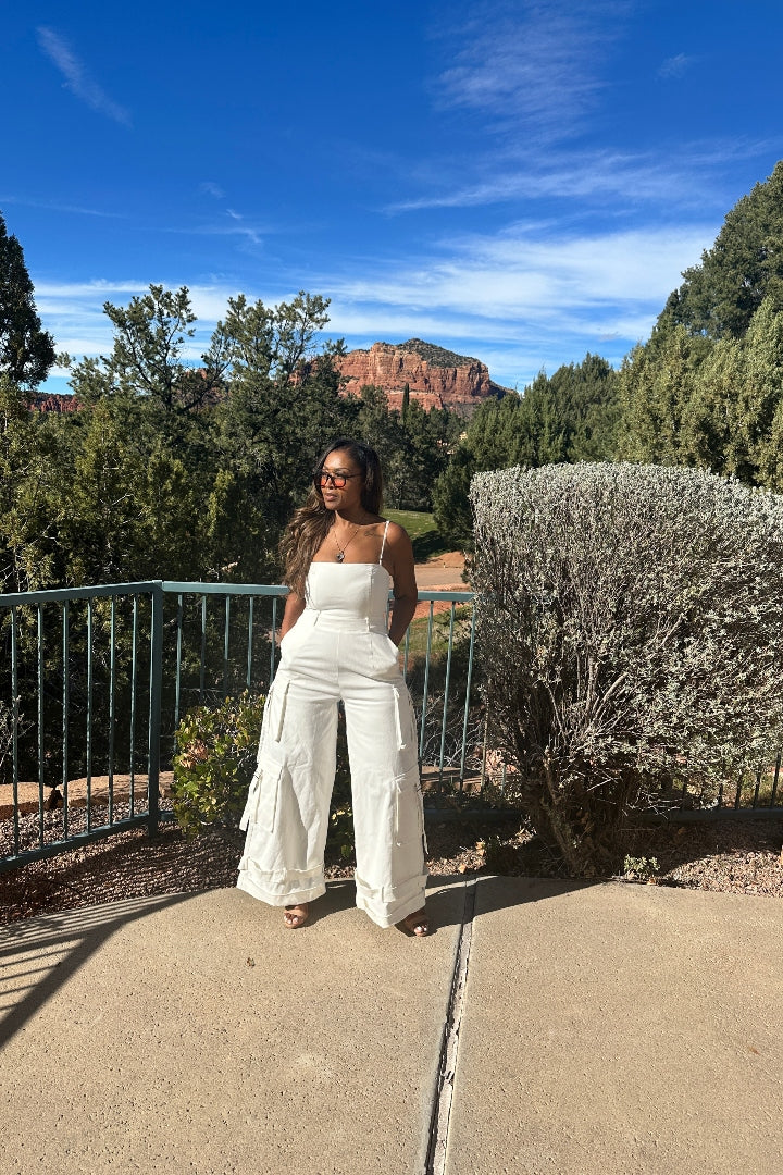 White Denim Cargo Jumpsuit with removable straps