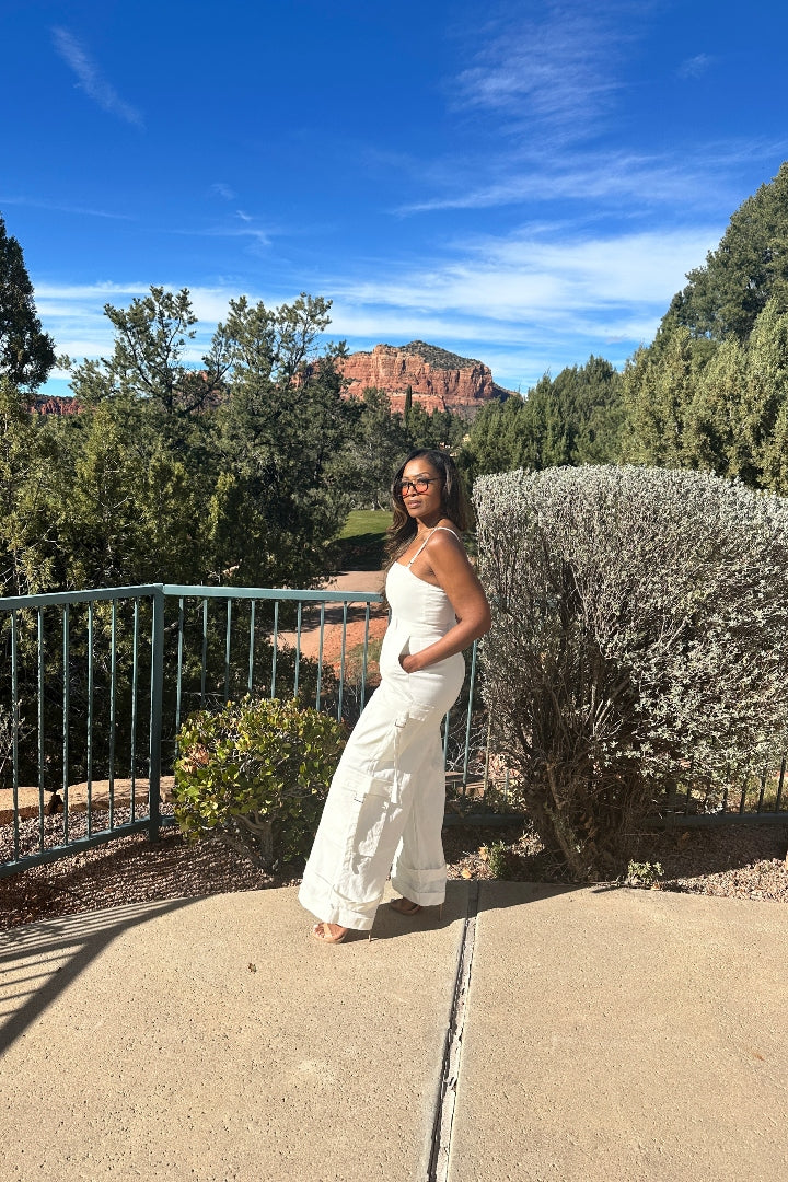 White Denim Cargo Jumpsuit with removable straps
