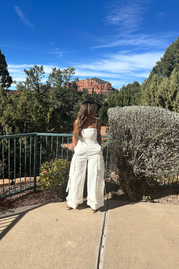 White Denim Cargo Jumpsuit with removable straps