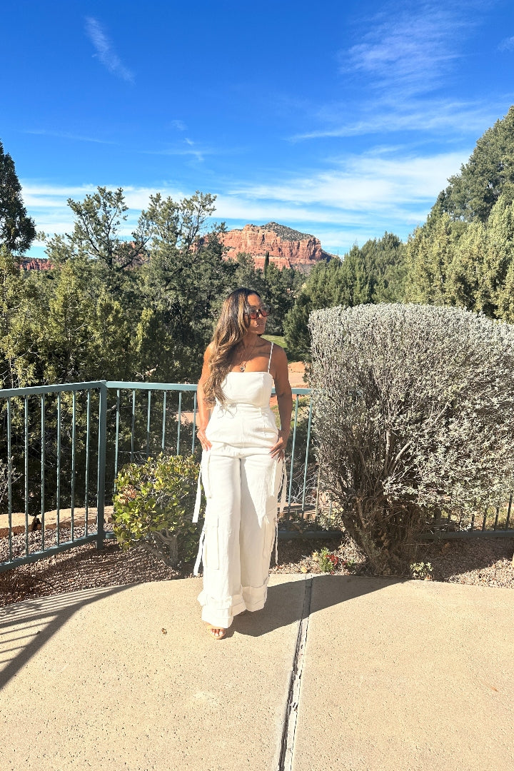 White Denim Cargo Jumpsuit with removable straps