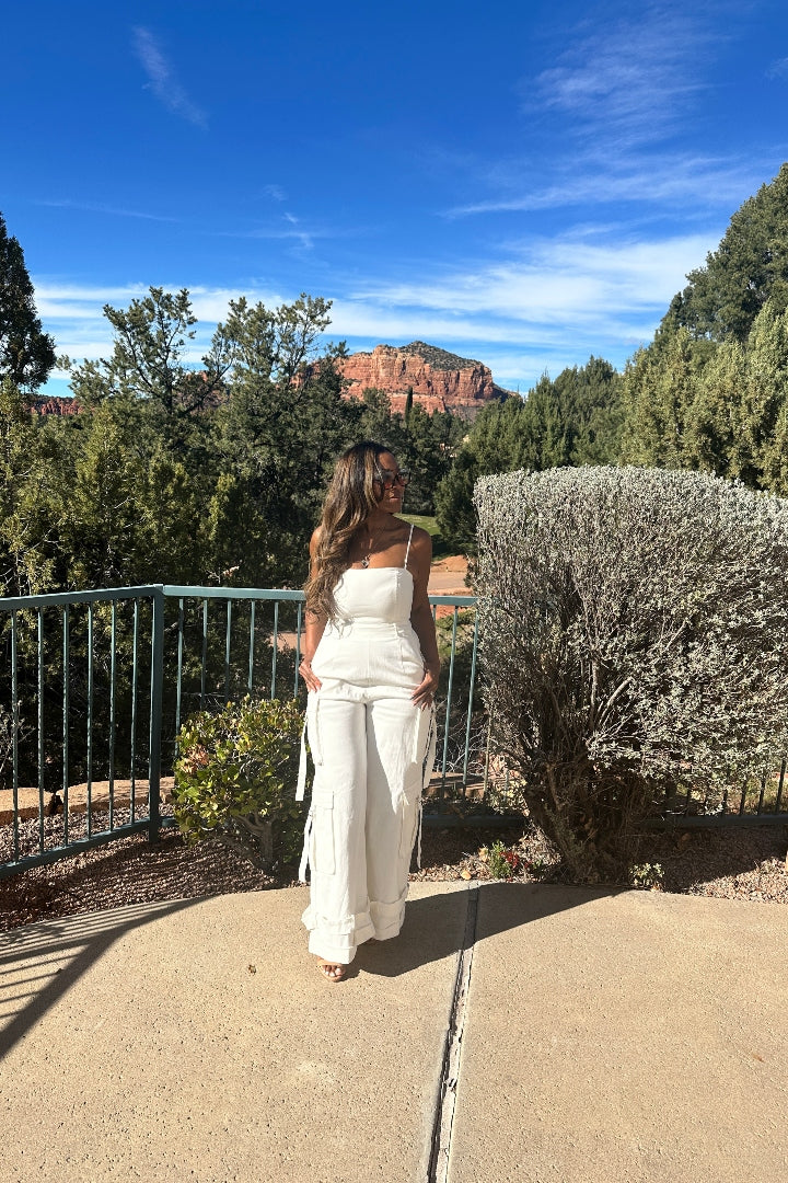 White Denim Cargo Jumpsuit with removable straps