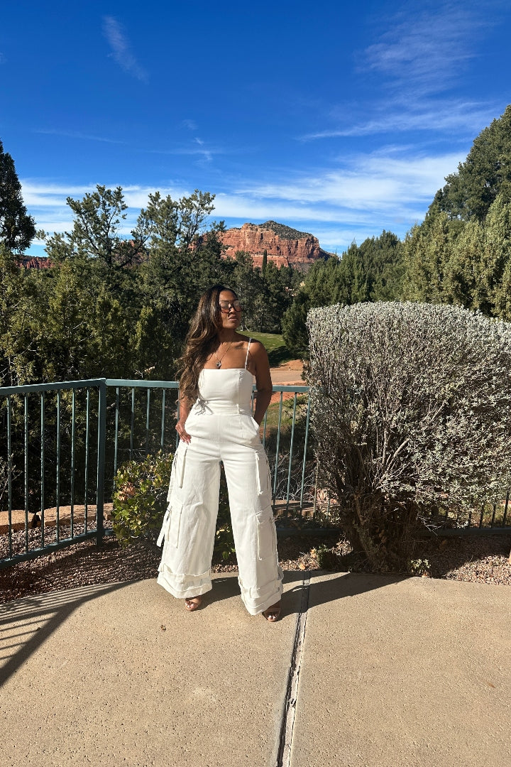 White Denim Cargo Jumpsuit with removable straps