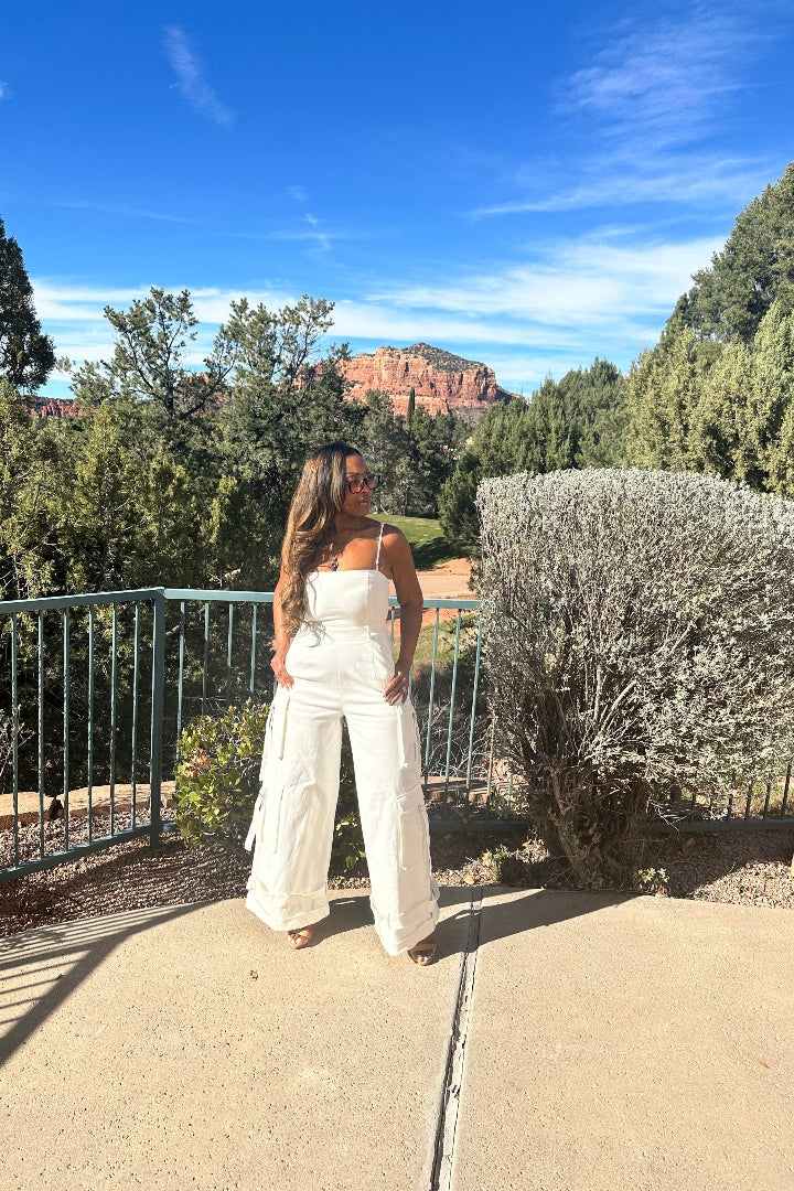 White Denim Cargo Jumpsuit with removable straps