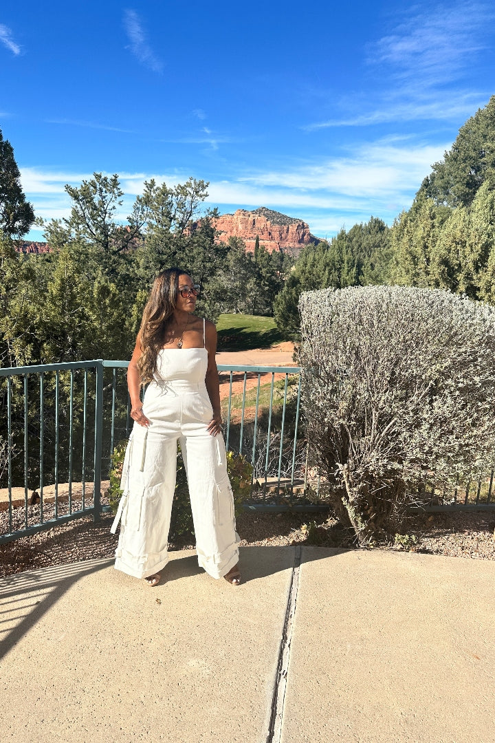 White Denim Cargo Jumpsuit with removable straps