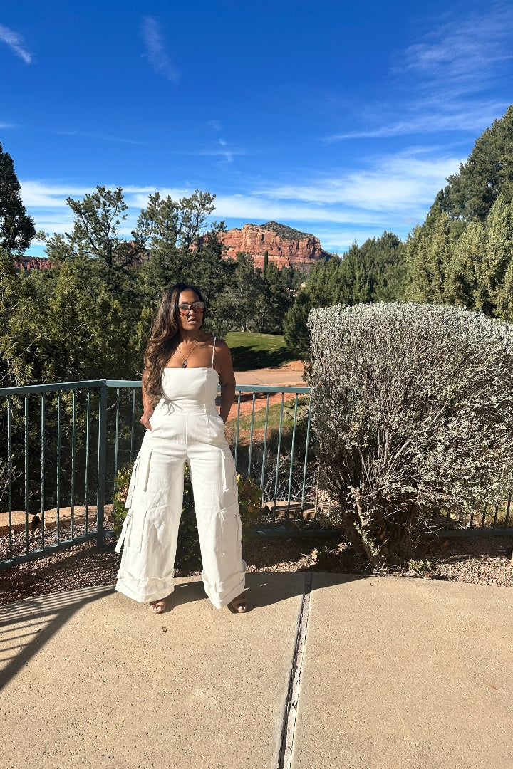 White Denim Cargo Jumpsuit with removable straps