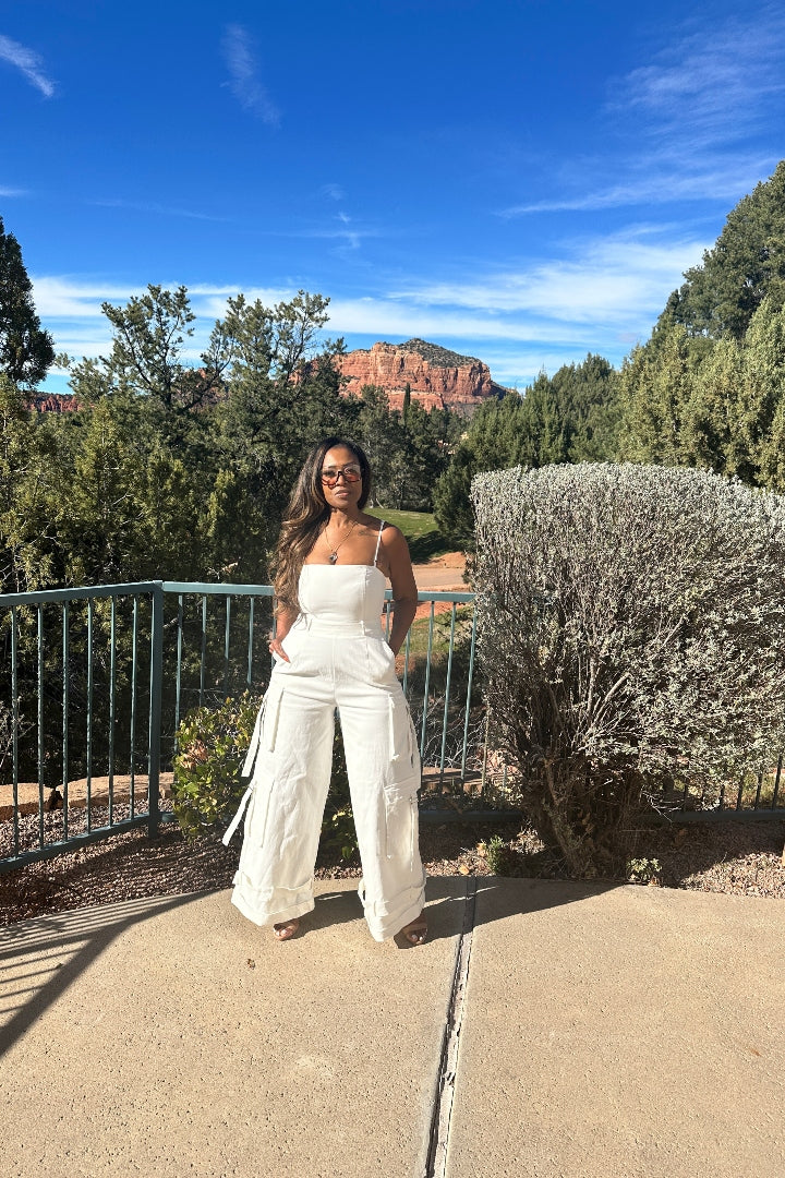 White Denim Cargo Jumpsuit with removable straps