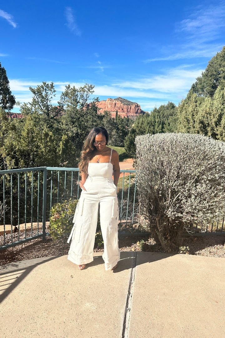 White Denim Cargo Jumpsuit with removable straps