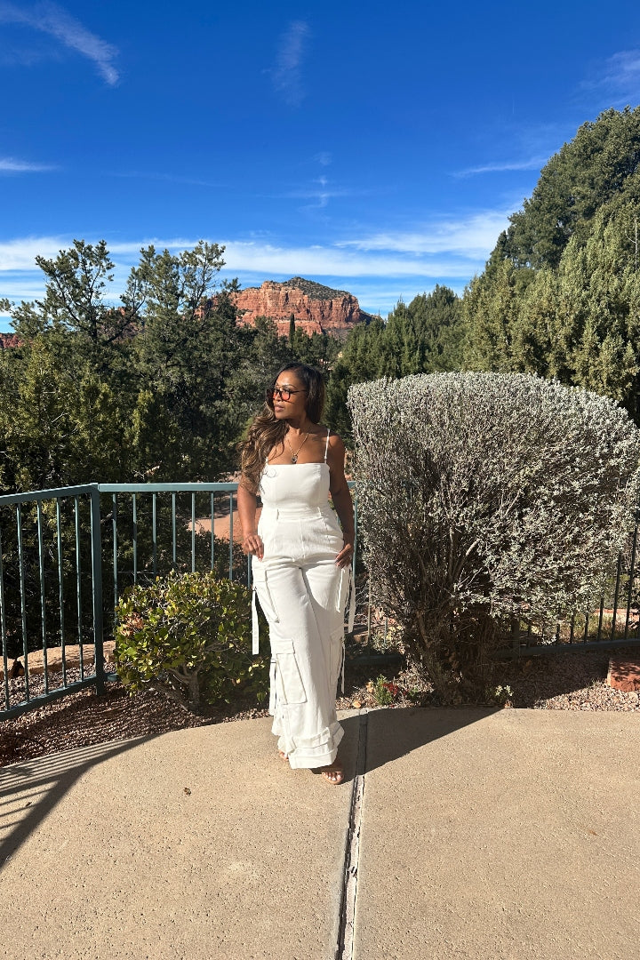 White Denim Cargo Jumpsuit with removable straps