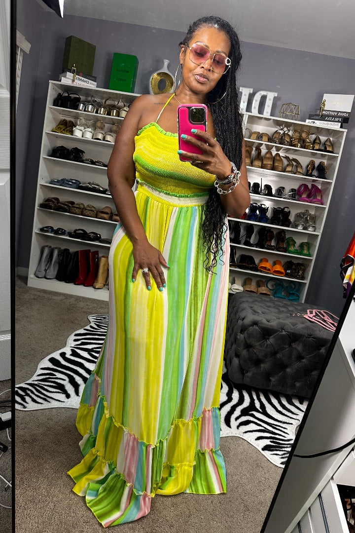 Caged Back Multi Color Layered Maxi dress - Yellow Lime Pink Blend