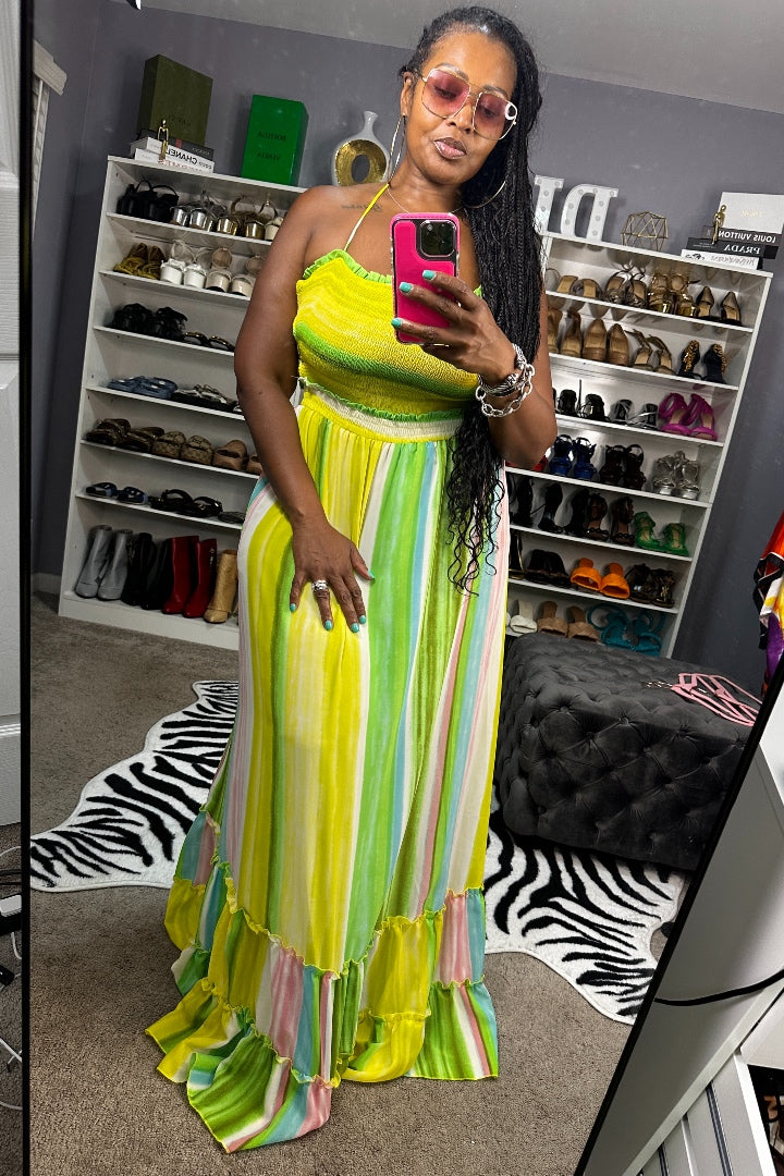 Caged Back Multi Color Layered Maxi dress - Yellow Lime Pink Blend