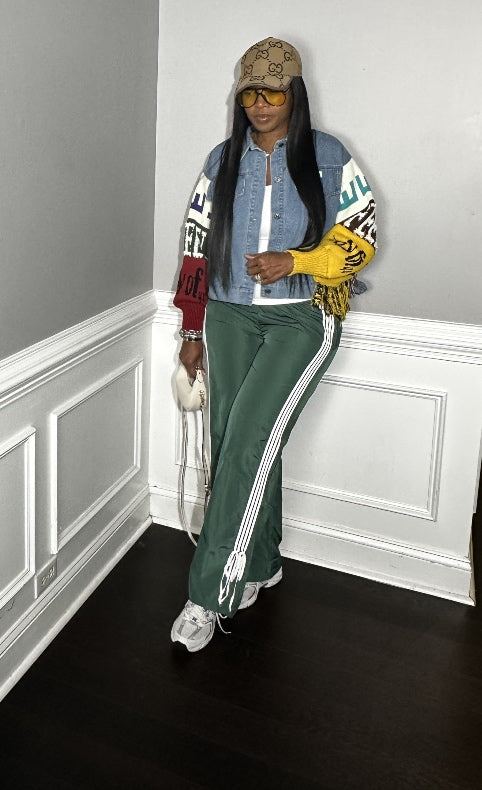 Tie String Striped Track Pants with white stripe - Hunter Green