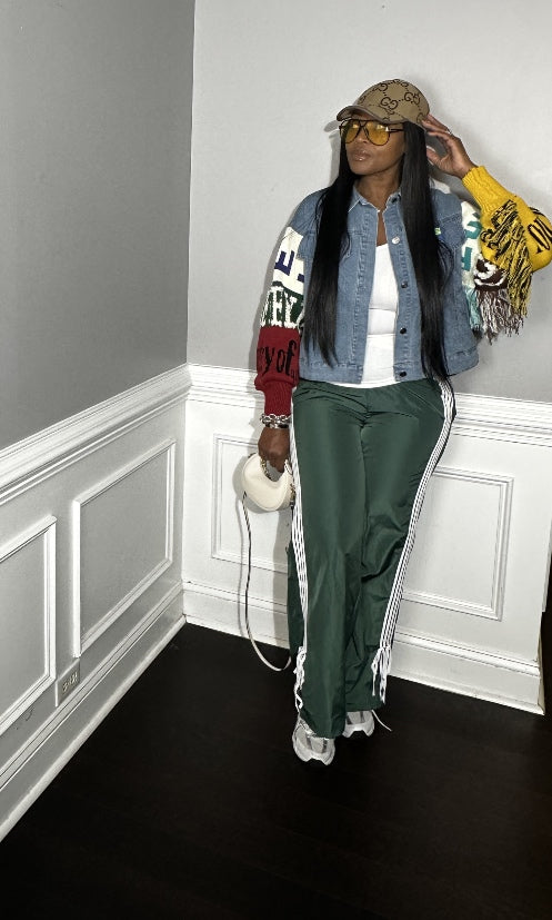 Tie String Striped Track Pants with white stripe - Hunter Green