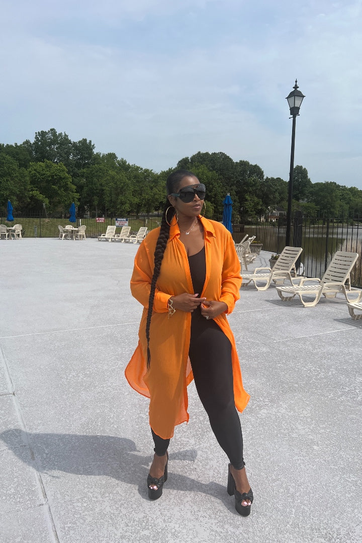 Sheer Button Front Long Shirt Dress -Orange