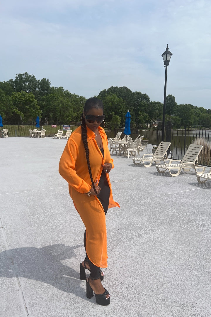 Sheer Button Front Long Shirt Dress -Orange