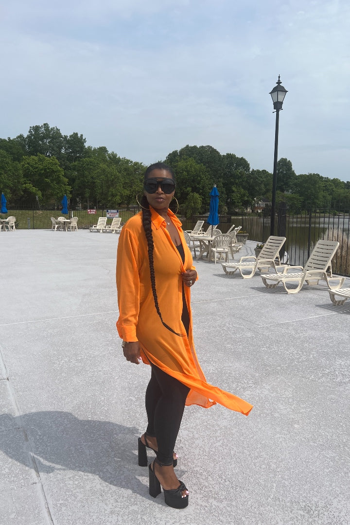 Sheer Button Front Long Shirt Dress -Orange