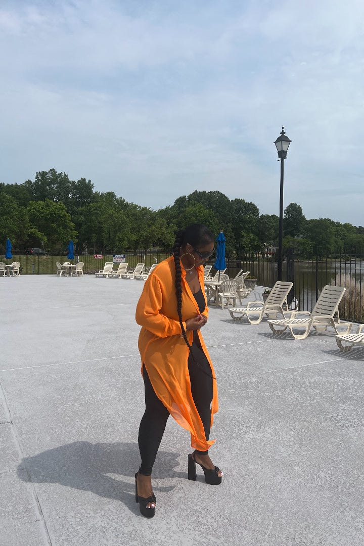 Sheer Button Front Long Shirt Dress -Orange