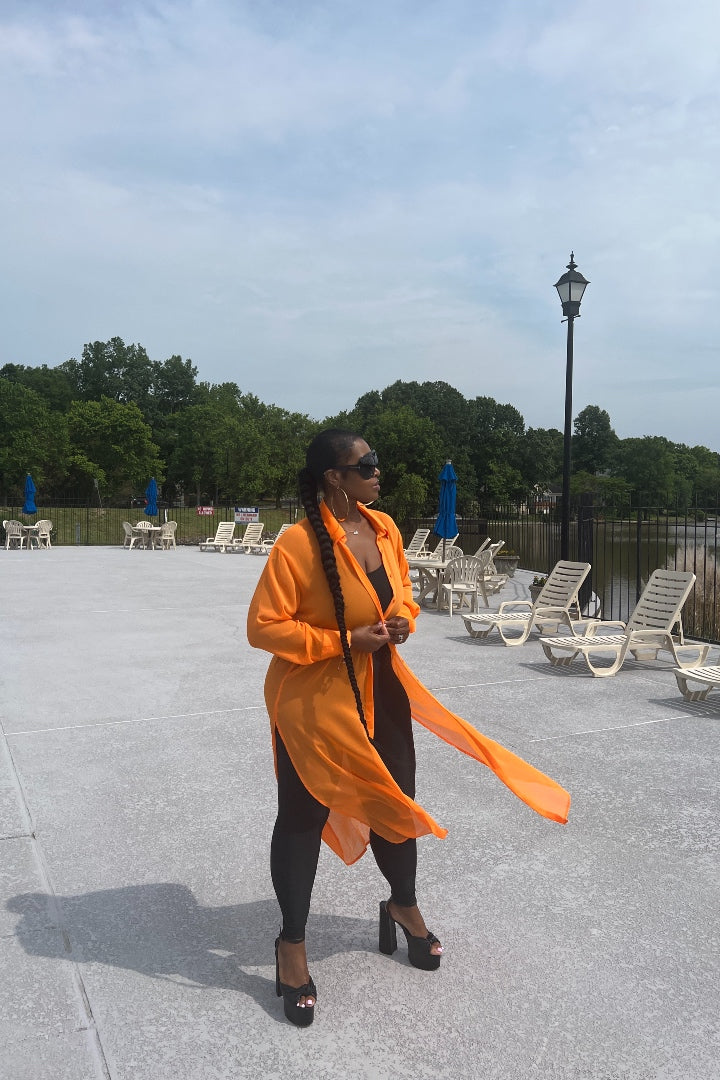Sheer Button Front Long Shirt Dress -Orange