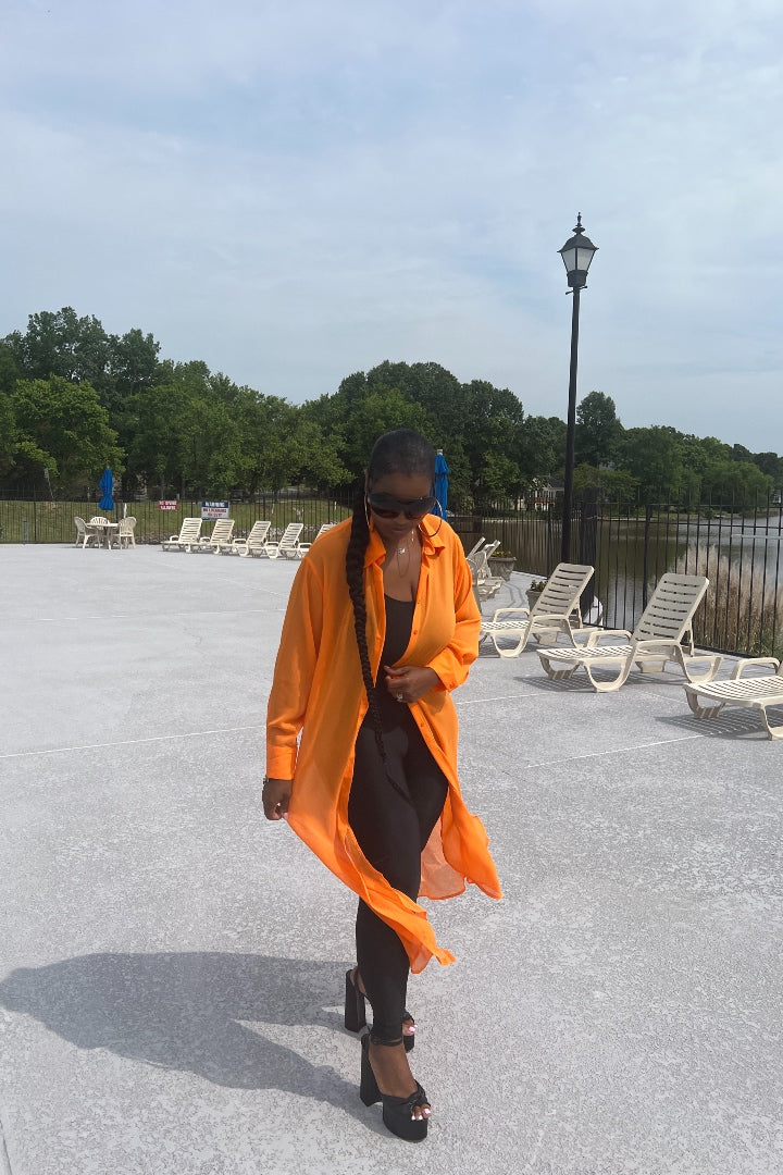 Sheer Button Front Long Shirt Dress -Orange