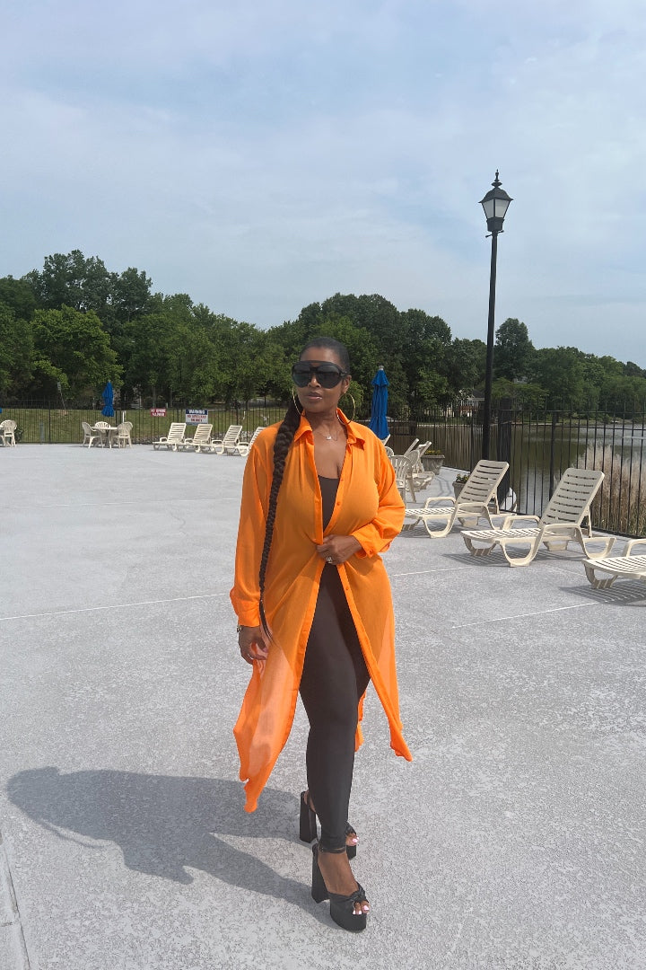 Sheer Button Front Long Shirt Dress -Orange