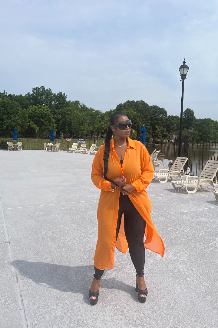 Sheer Button Front Long Shirt Dress -Orange