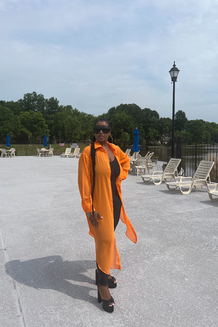 Sheer Button Front Long Shirt Dress -Orange