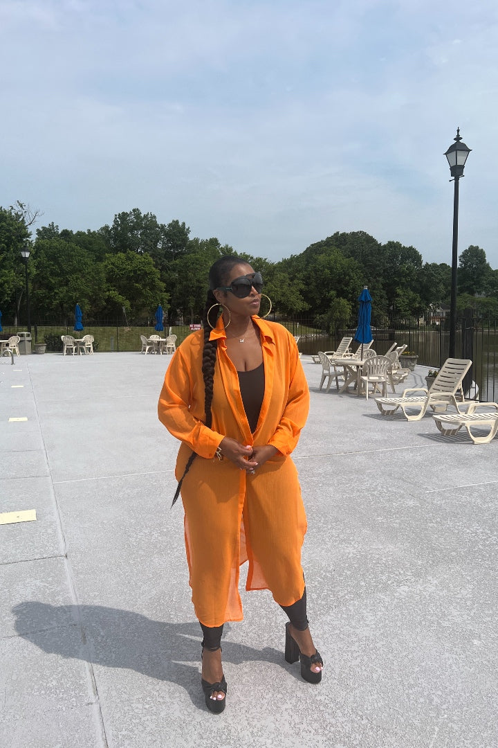 Sheer Button Front Long Shirt Dress -Orange