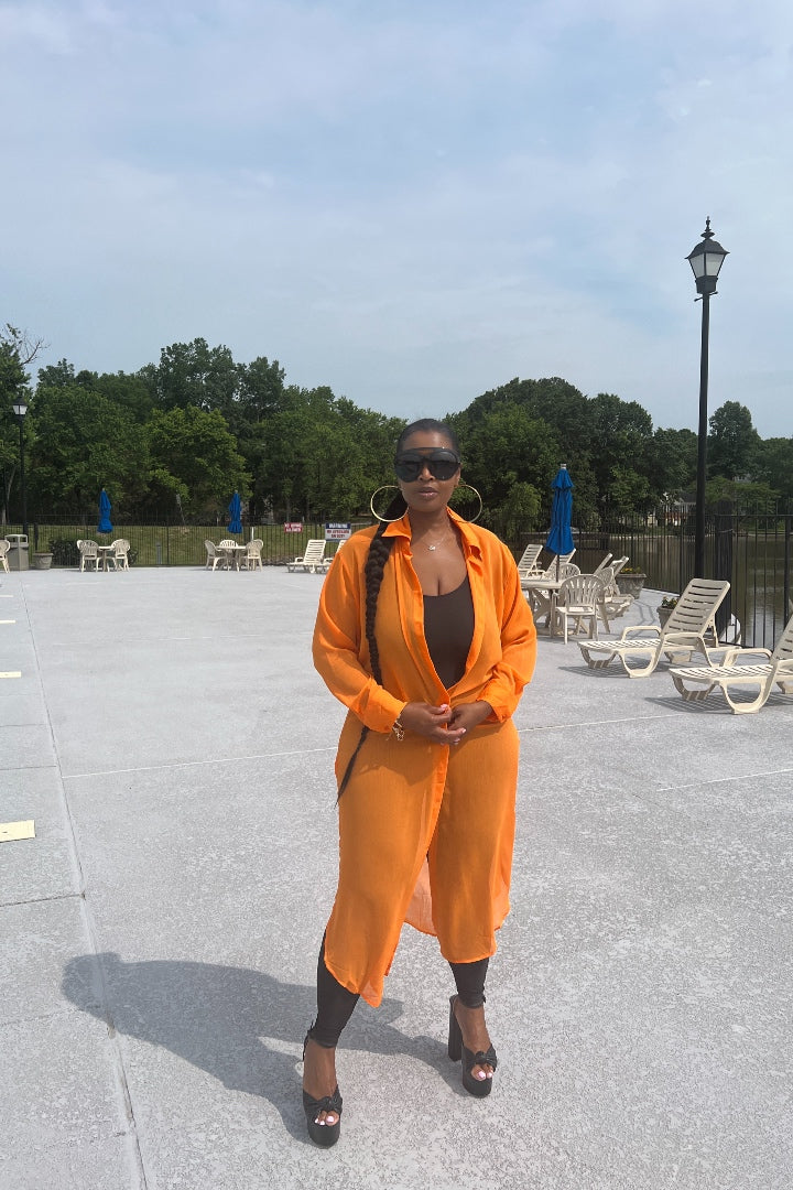Sheer Button Front Long Shirt Dress -Orange