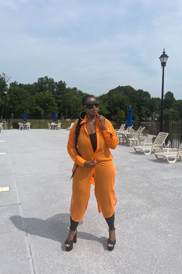 Sheer Button Front Long Shirt Dress -Orange