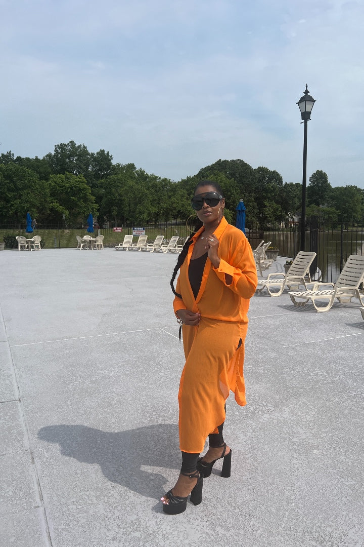 Sheer Button Front Long Shirt Dress -Orange