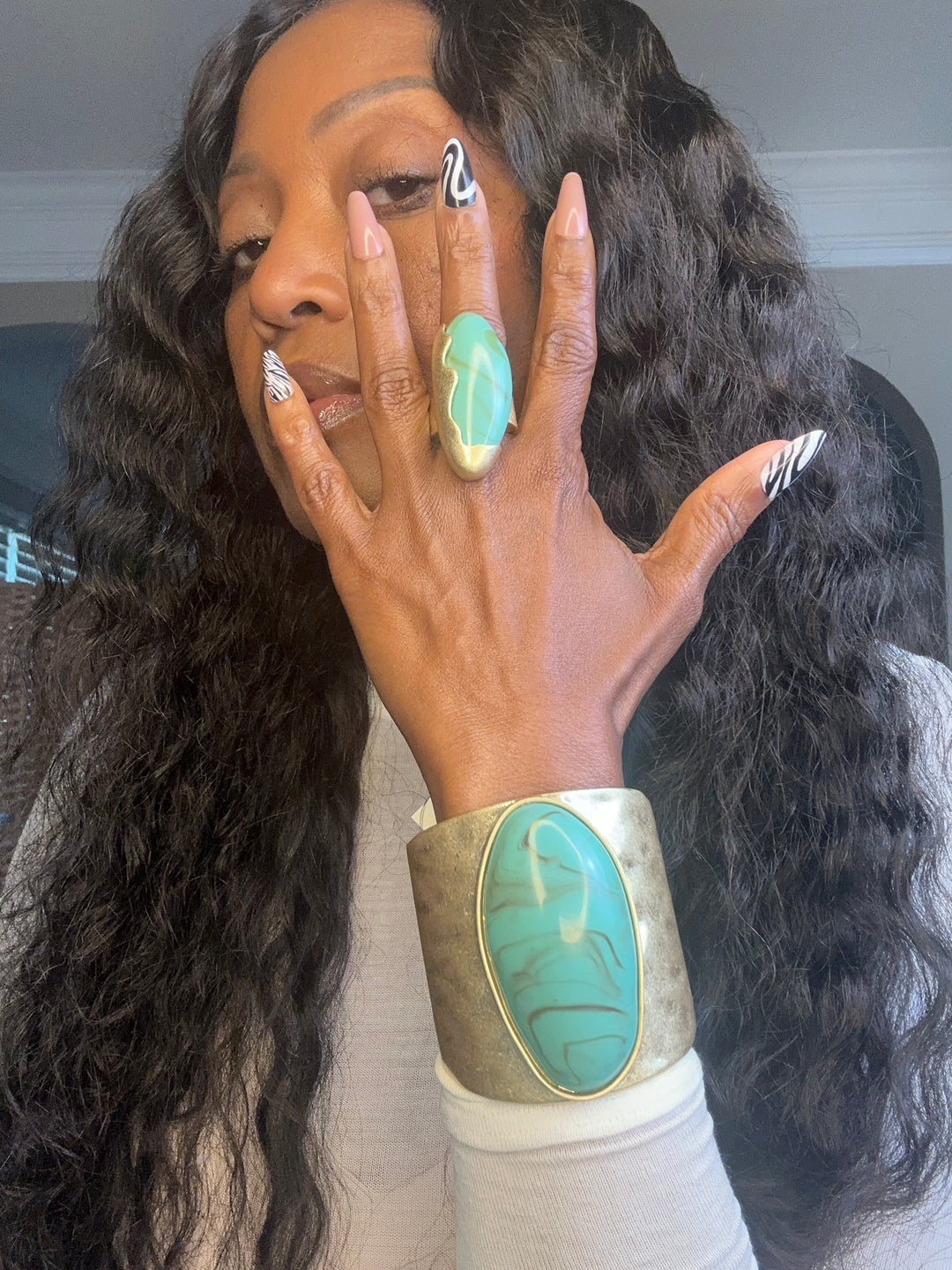 Oversized Bold Pointed Long Stone Accent Stretch Ring - Turquoise Gold Marble