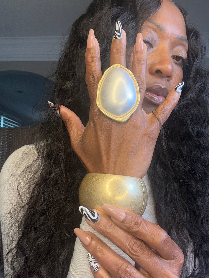 Oversized Squoval Accent Stretch Ring - Silver with Gold Trim