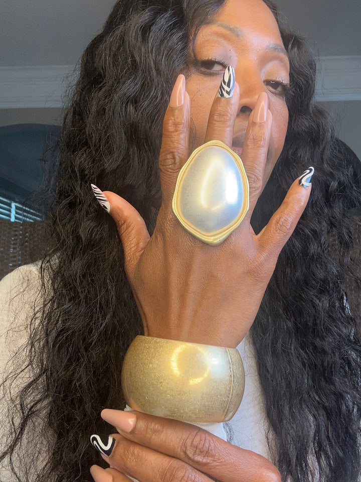 Oversized Squoval Accent Stretch Ring - Silver with Gold Trim