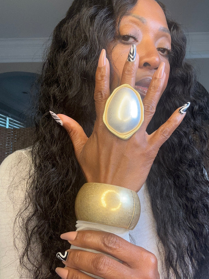 Oversized Squoval Accent Stretch Ring - Silver with Gold Trim