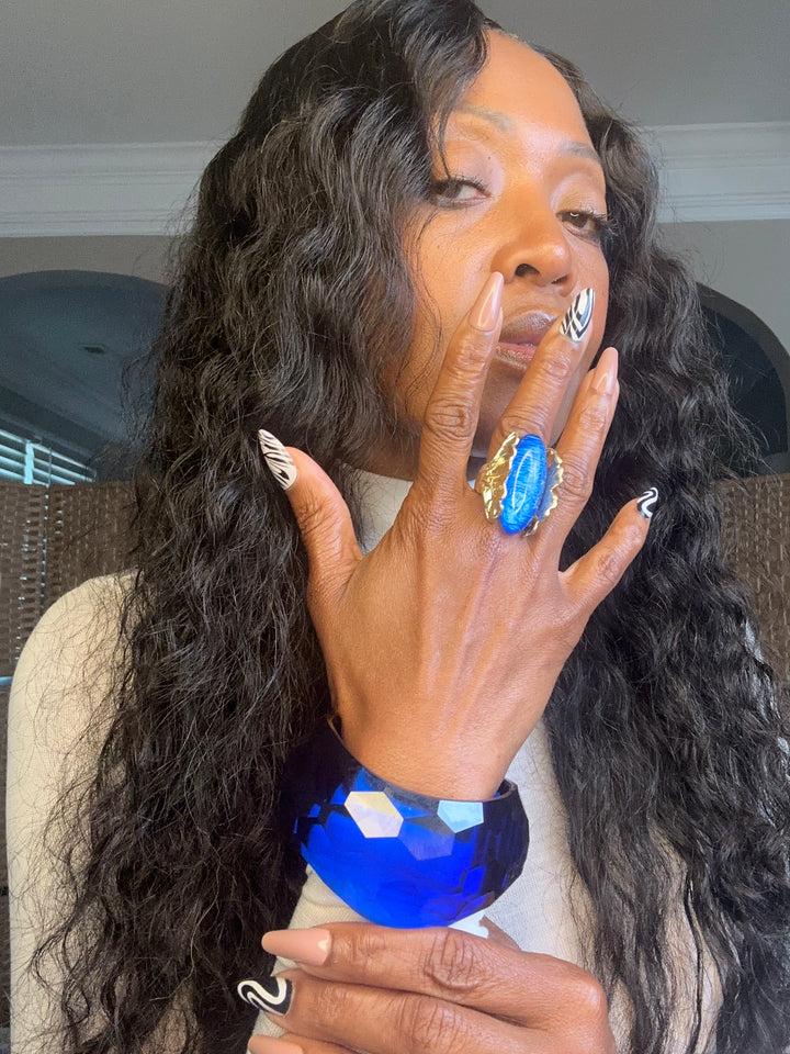 Oversized Bold Oval Long Stone Accent Stretch Ring -Electric Blue