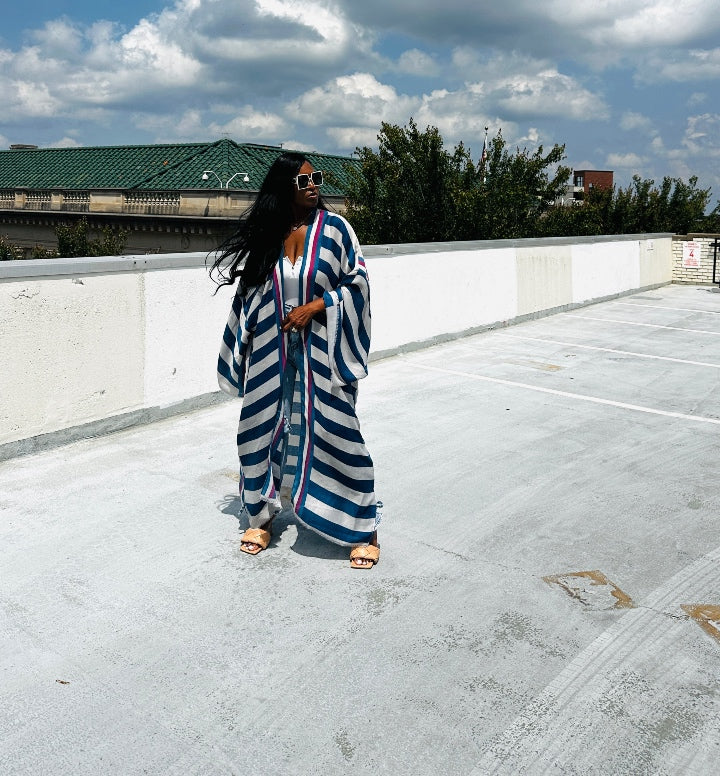 Rich Auntie Open Front Long Kimono - Navy Blue and White Striped Blend Ships 5/30
