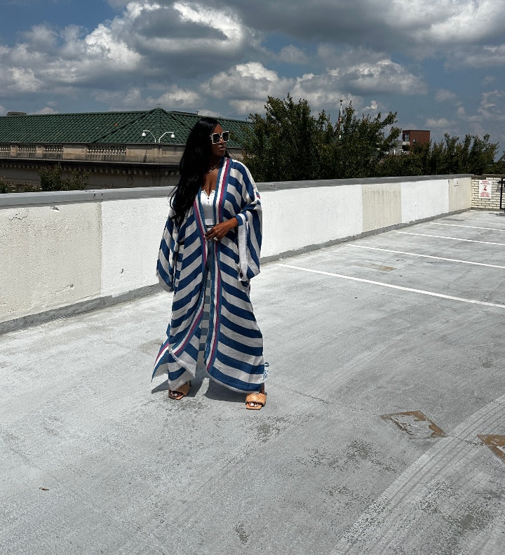 Rich Auntie Open Front Long Kimono - Navy Blue and White Striped Blend Ships 5/30