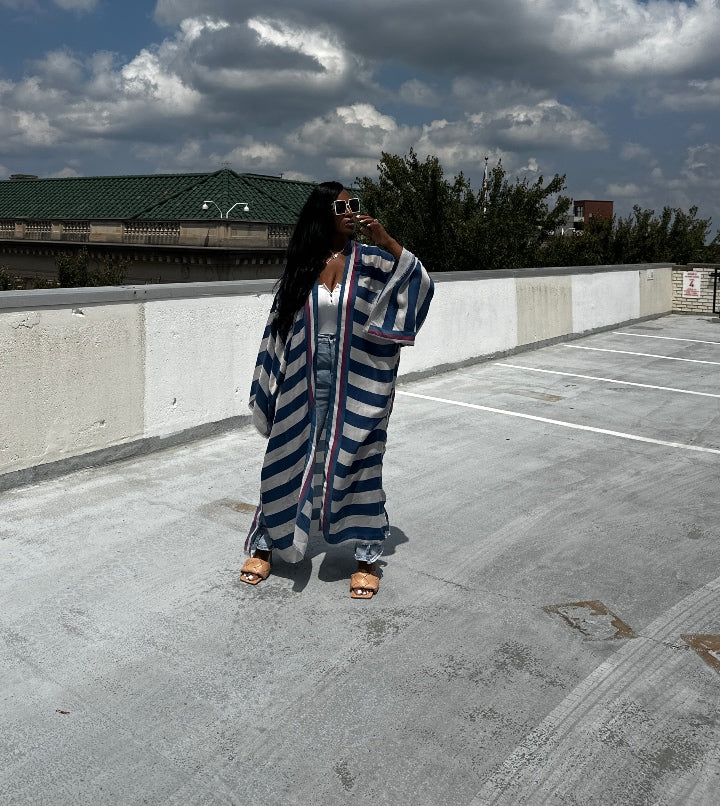 Rich Auntie Open Front Long Kimono - Navy Blue and White Striped Blend Ships 5/30