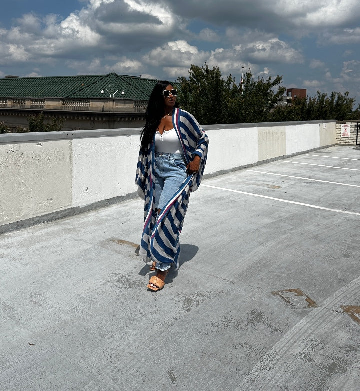 Rich Auntie Open Front Long Kimono - Navy Blue and White Striped Blend Ships 5/30