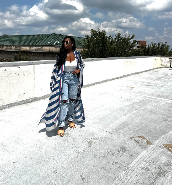 Rich Auntie Open Front Long Kimono - Navy Blue and White Striped Blend Ships 5/30
