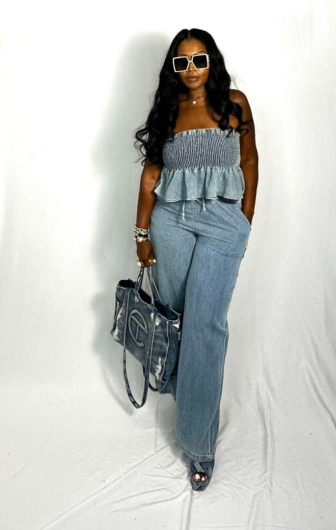 RESTOCKED Denim Peplum 2 piece stretch denim set