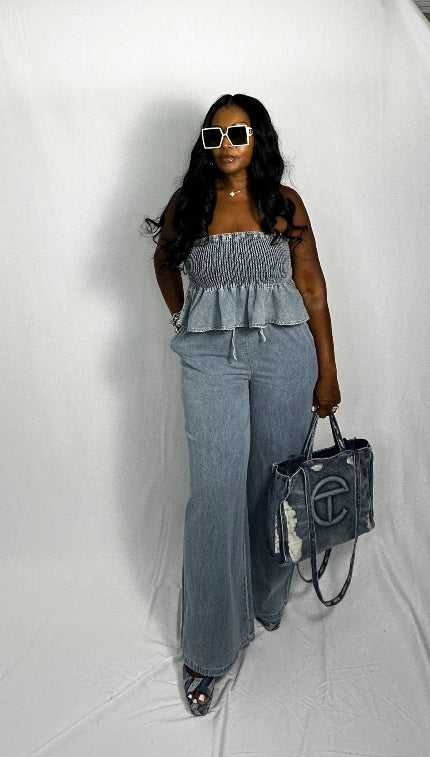 RESTOCKED Denim Peplum 2 piece stretch denim set